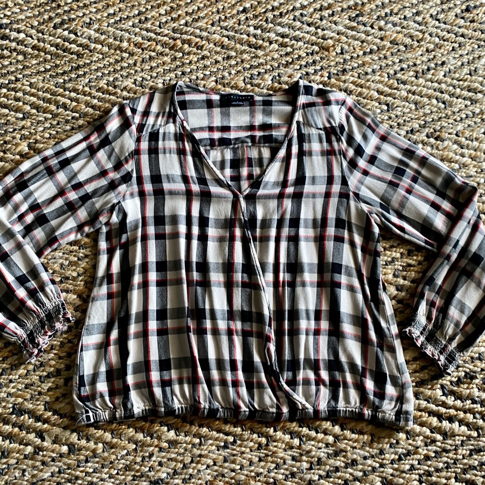 Sanctuary BeigePlaidfaux wrap long sleeve Blouse